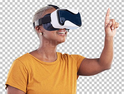 Buy stock photo VR, glasses and woman press at futuristic video game, cyber innovation or metaverse isolated on transparent png background. Happy african model, virtual reality or future of high tech user experience