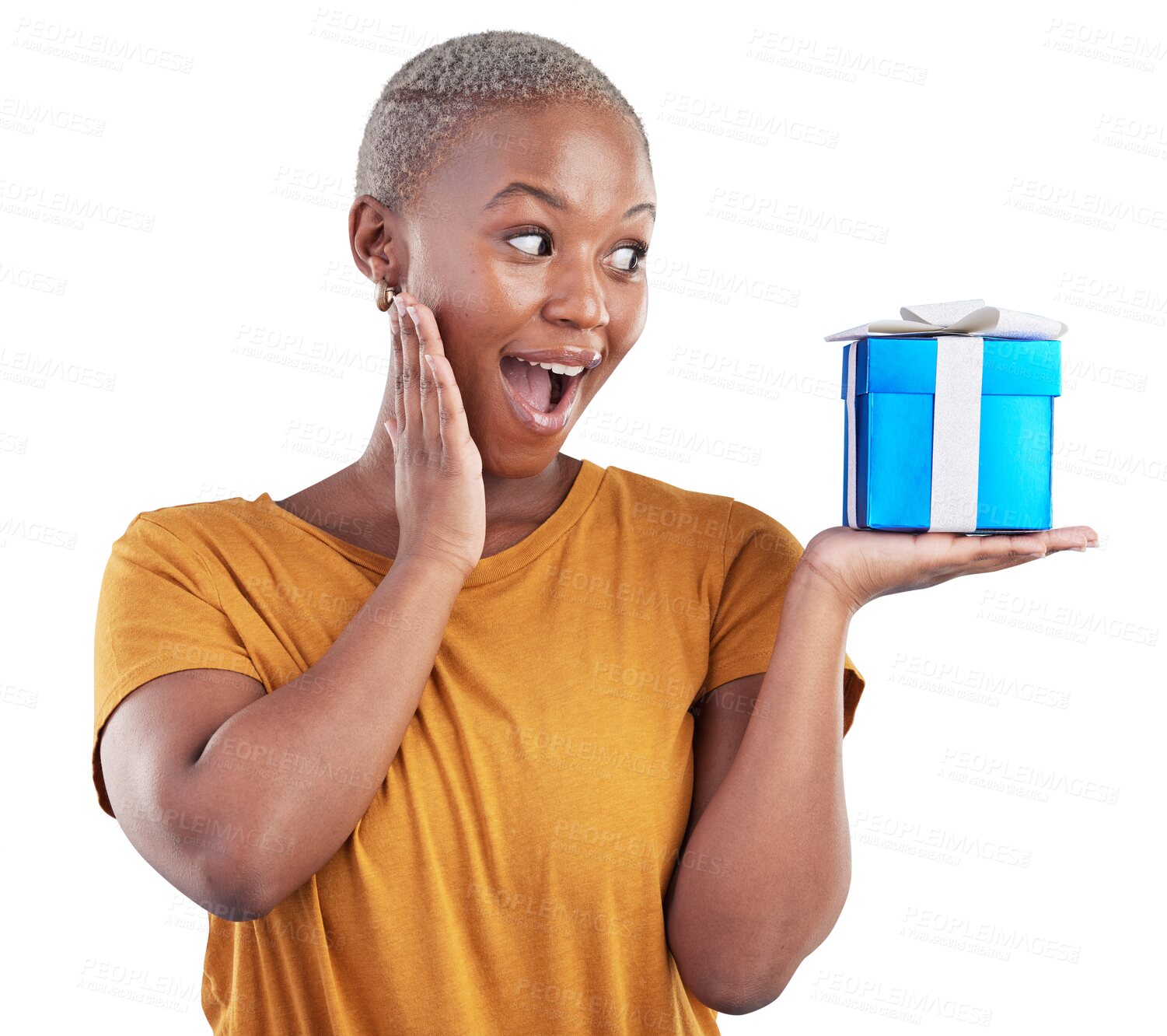 Buy stock photo Surprise gift, box and black woman excited, wow and happy reaction on transparent, png background. OMG, smile and African person with birthday present, Christmas holiday package or giveaway prize