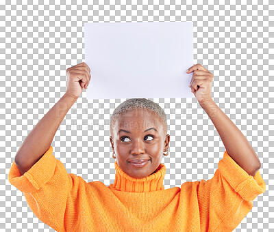 Buy stock photo Black woman, banner and thinking with sign above head standing isolated on a transparent PNG background. African female person holding poster in wonder or choice for advertising, marketing or deal