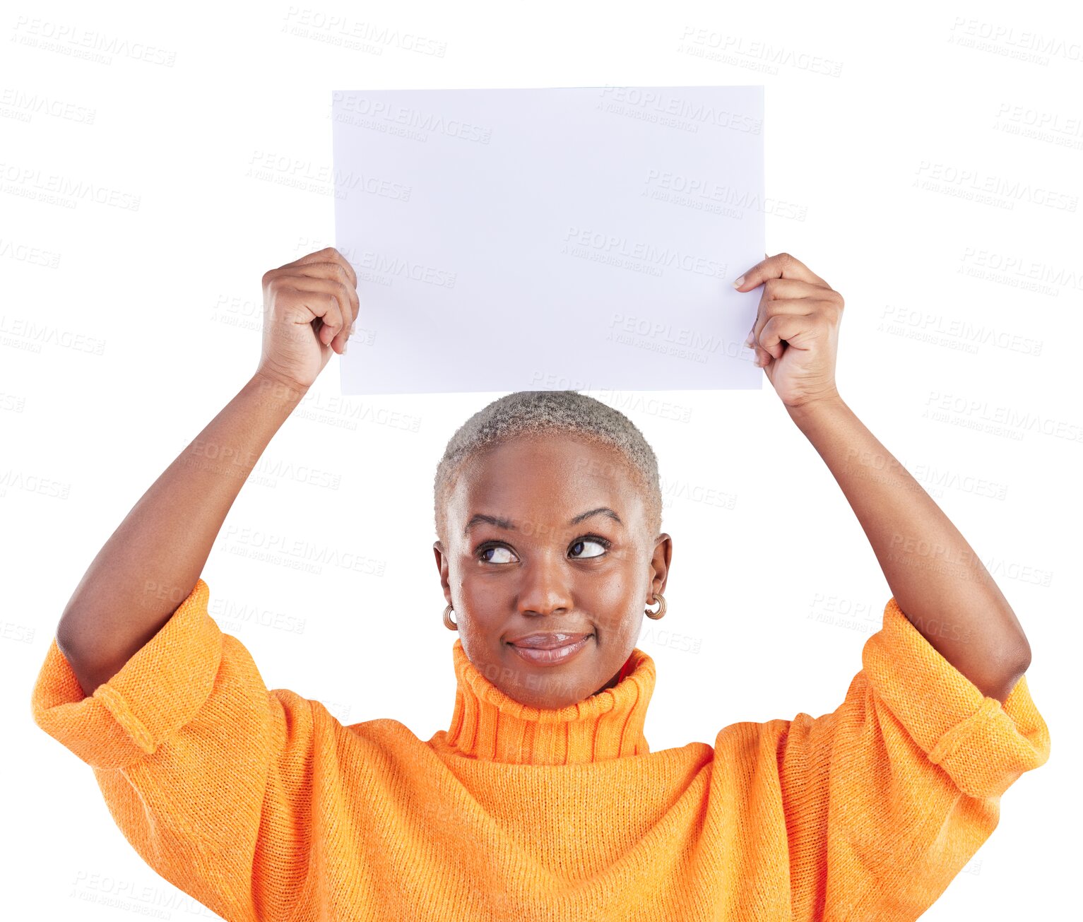 Buy stock photo Black woman, banner and thinking with sign above head standing isolated on a transparent PNG background. African female person holding poster in wonder or choice for advertising, marketing or deal