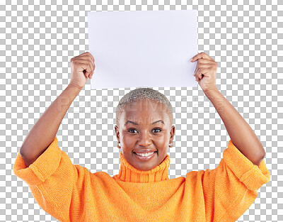 Buy stock photo Poster, space and portrait of woman advertising mockup for news, offer or promotion isolated on transparent png background. Happy african model show paper for feedback, sign and announcement about us