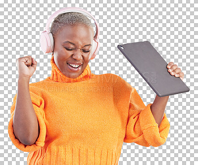 Buy stock photo Winner, music or black woman with tablet, achievement or bonus isolated on a transparent, png background. Headphones and happy person with technology in celebration of reward, prize or online win