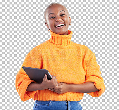 Buy stock photo Woman, portrait or smile with tablet for social media update, search internet or download ebook isolated on transparent png background. Happy african model laugh with digital tech for online shopping