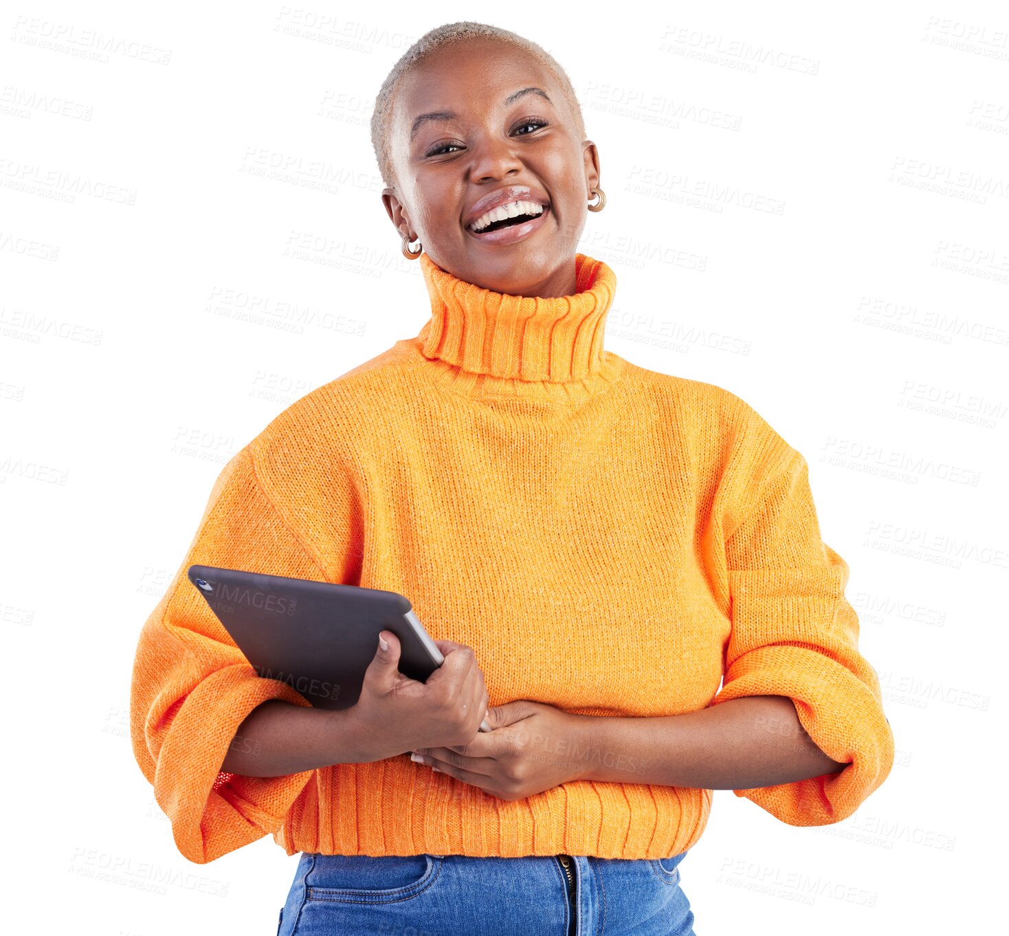 Buy stock photo Woman, portrait or smile with tablet for social media update, search internet or download ebook isolated on transparent png background. Happy african model laugh with digital tech for online shopping