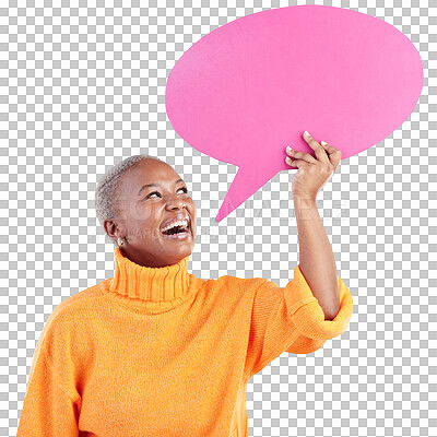 Buy stock photo Speech bubble, smile and woman advertising space for news, social media and sales promotion isolated on transparent png background. Happy african model thinking of quote, opinion and information