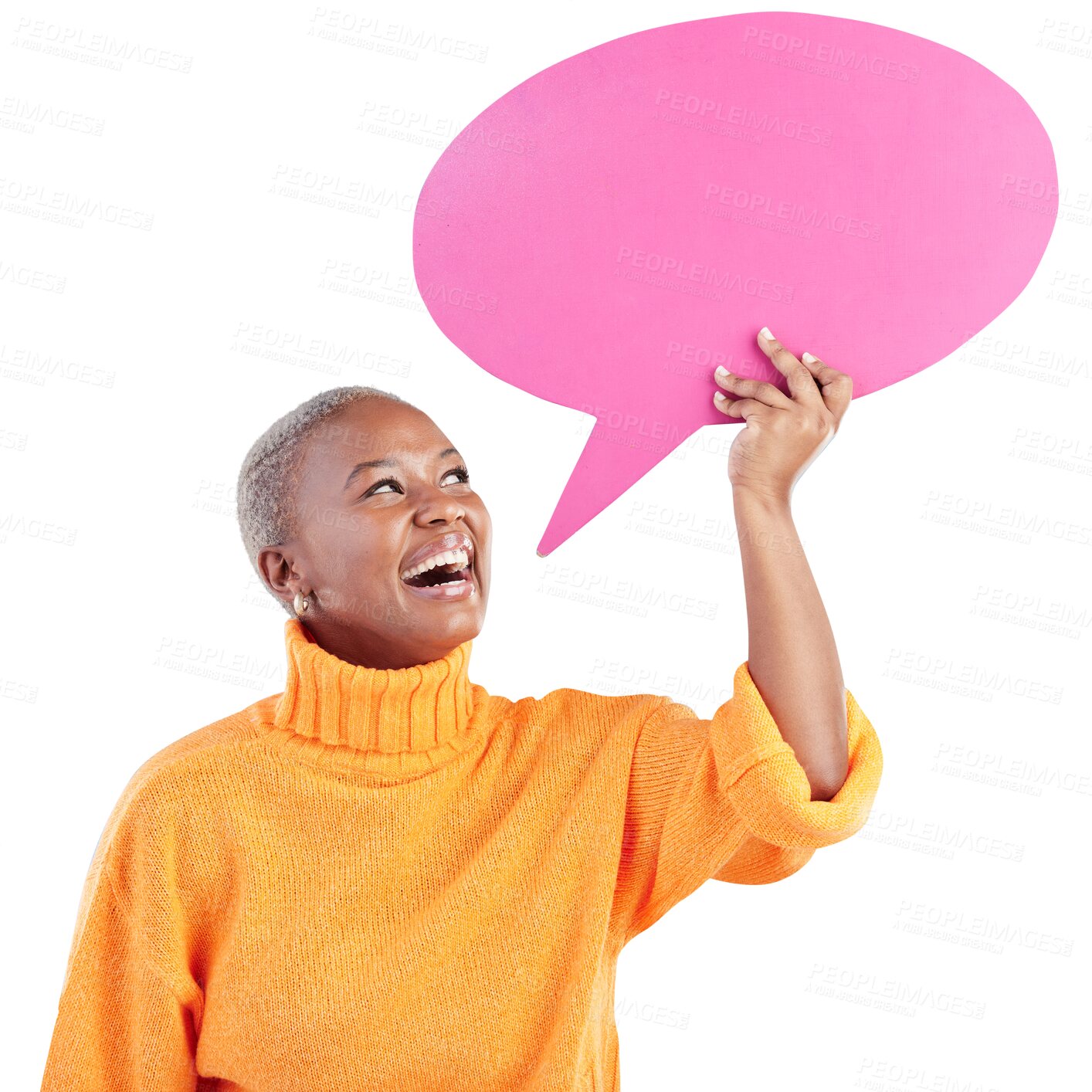 Buy stock photo Speech bubble, smile and woman advertising space for news, social media and sales promotion isolated on transparent png background. Happy african model thinking of quote, opinion and information