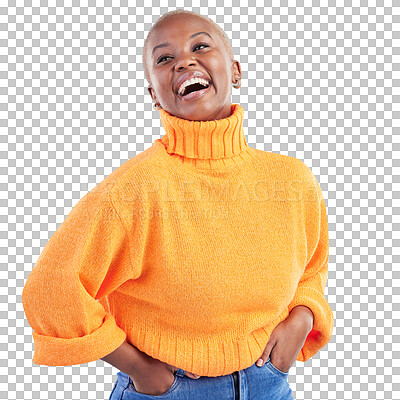 Buy stock photo Happiness, fashion smile and black woman laughing at funny joke, humour and happy for cotton, wool or sweater jersey. Clothes, comedy and cheerful silly girl isolated on transparent, png background