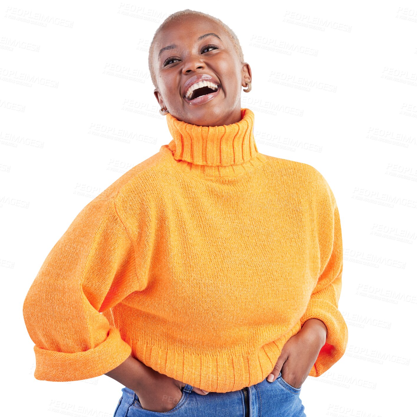 Buy stock photo Happiness, fashion smile and black woman laughing at funny joke, humour and happy for cotton, wool or sweater jersey. Clothes, comedy and cheerful silly girl isolated on transparent, png background