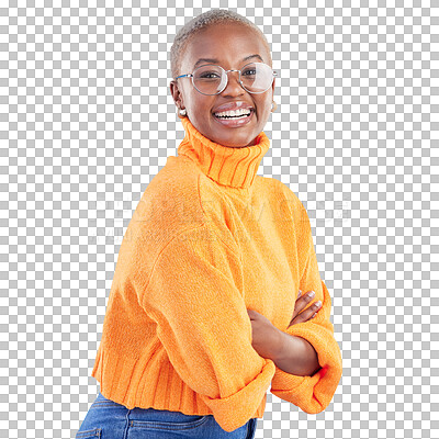 Buy stock photo Happy, smile and portrait of black woman with glasses for vision, eye care and optometry. Happiness, excited and African model with crossed arms for confidence isolated by transparent png background.