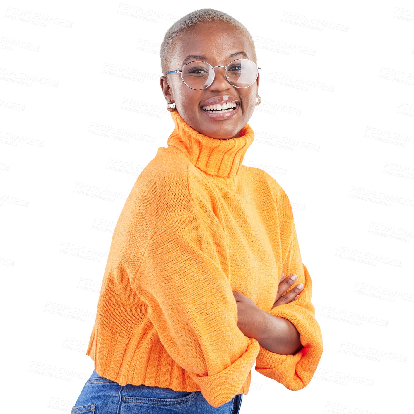 Buy stock photo Happy, smile and portrait of black woman with glasses for vision, eye care and optometry. Happiness, excited and African model with crossed arms for confidence isolated by transparent png background.