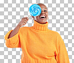 Funny, lollipop and portrait of black woman with candy in studio isolated on a blue background. African person, happy face and sweets, dessert and treats, sugar food and eating, laughing and hungry