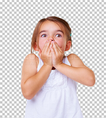 Buy stock photo Surprise, wow and face of child with shock on isolated, png and transparent background with fashion. Emoji, facial expression and young girl with omg reaction for news, announcement and information