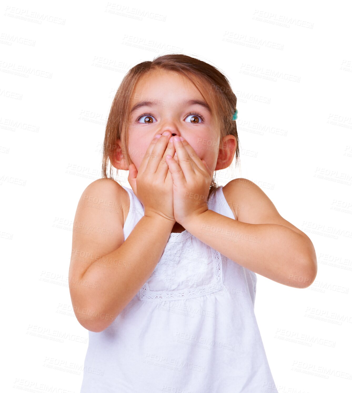 Buy stock photo Surprise, wow and face of child with shock on isolated, png and transparent background with fashion. Emoji, facial expression and young girl with omg reaction for news, announcement and information