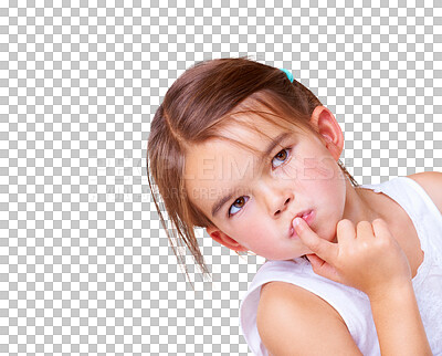 Buy stock photo Child, question and thinking with planning, doubt and confused with choice and ideas. Youth, young girl and curious kid with thought and decision and isolated on a transparent, png background