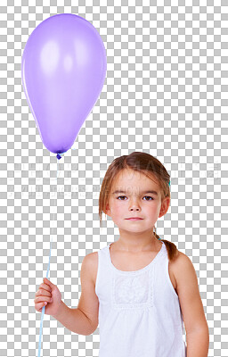 Buy stock photo Party, birthday balloon and girl portrait bored with casual fashion and celebration decoration. Young child, serious face and holding deco with youth and style isolated on transparent, png background