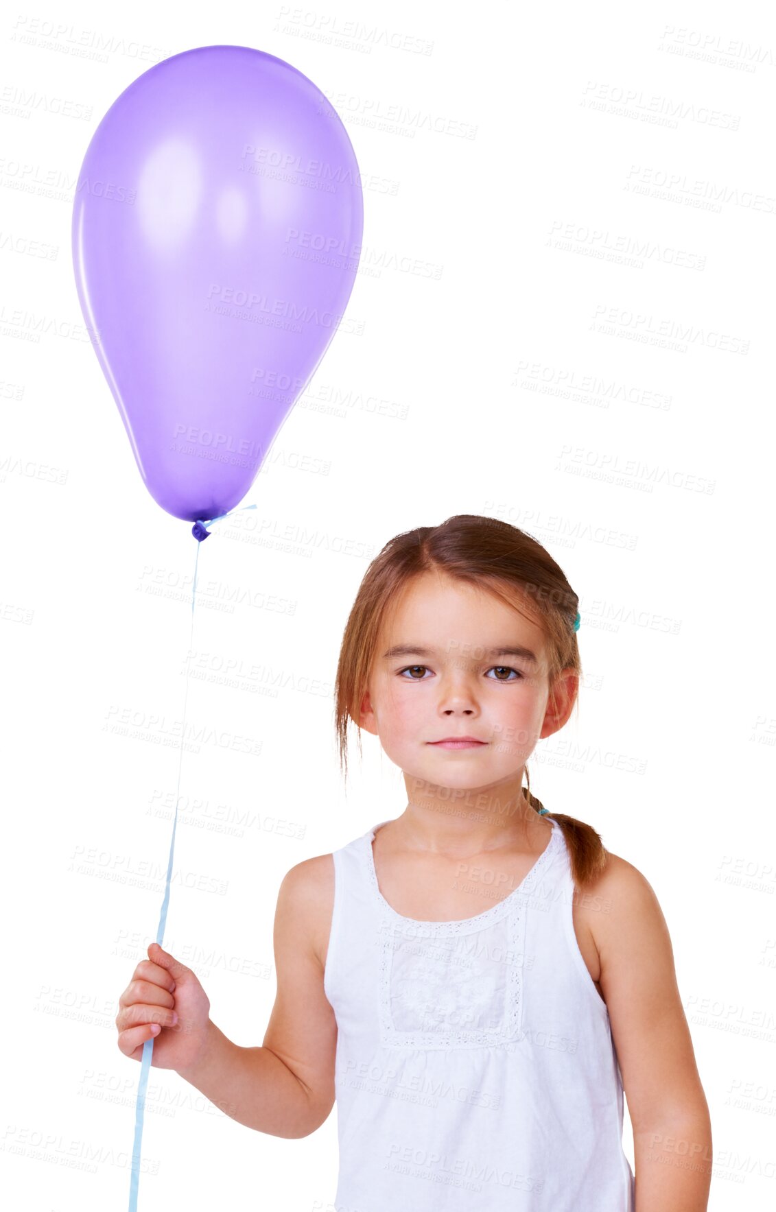 Buy stock photo Party, birthday balloon and girl portrait bored with casual fashion and celebration decoration. Young child, serious face and holding deco with youth and style isolated on transparent, png background