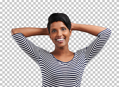 Buy stock photo Happy, woman and portrait with relax and confidence with a smile and modern fashion. Calm, trendy style clothing and female person from India on break isolated on a transparent, png background