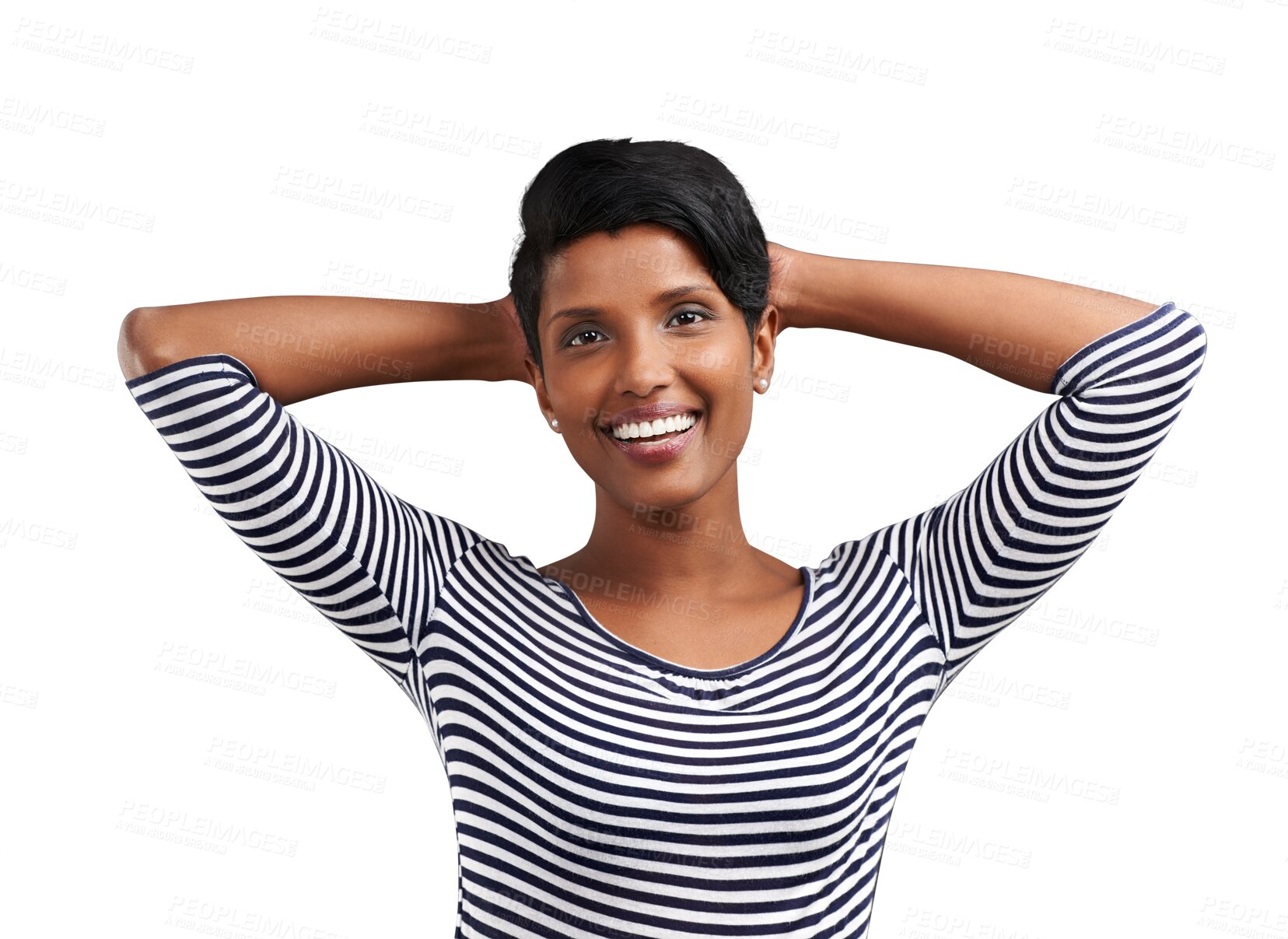 Buy stock photo Happy, woman and portrait with relax and confidence with a smile and modern fashion. Calm, trendy style clothing and female person from India on break isolated on a transparent, png background