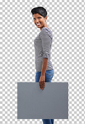 Buy stock photo Happy, woman portrait and signage for mockup space for promotion, sale and deal with smile. Offer, female person and announcement sign for marketing isolated on a transparent, png background