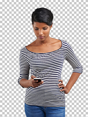 Buy stock photo Phone, typing and Indian woman online for social media or internet on png and transparent background. Communication, networking and isolated person on cellphone for chatting, contact and text message