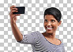 Selfie, happy and Indian woman with smile for social media post on png or transparent background. Fashion, excited and isolated person take photo for profile picture, memory and internet blog