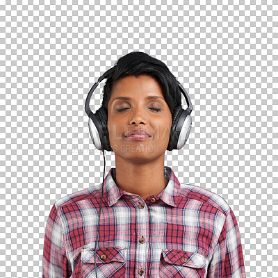 Buy stock photo Headphones, eyes closed and woman listening to music playlist, song track or radio network for wellness, relax or chill. Audio, sound or Indian person streaming podcast on transparent, png background