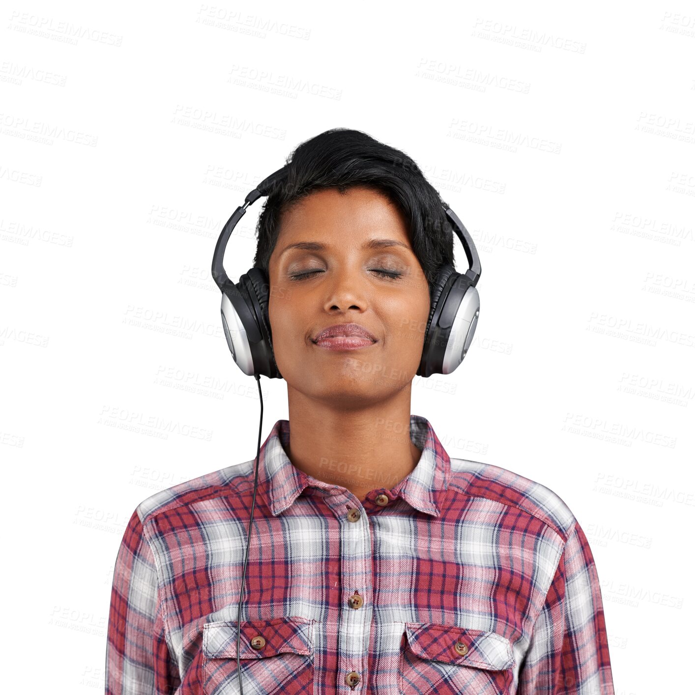 Buy stock photo Headphones, eyes closed and woman listening to music playlist, song track or radio network for wellness, relax or chill. Audio, sound or Indian person streaming podcast on transparent, png background