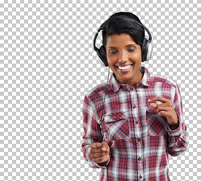 Buy stock photo Happy woman, headphones and dance to relax isolated on transparent png background with smile on face. Celebration, streaming music and online radio service, girl with audio attitude and fun energy.