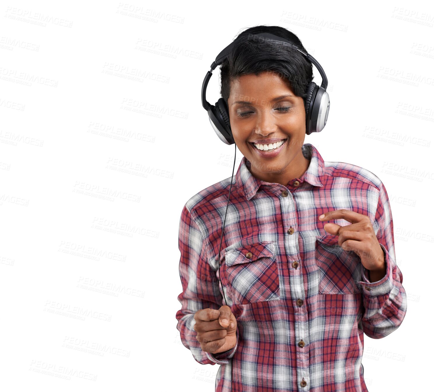 Buy stock photo Happy woman, headphones and dance to relax isolated on transparent png background with smile on face. Celebration, streaming music and online radio service, girl with audio attitude and fun energy.