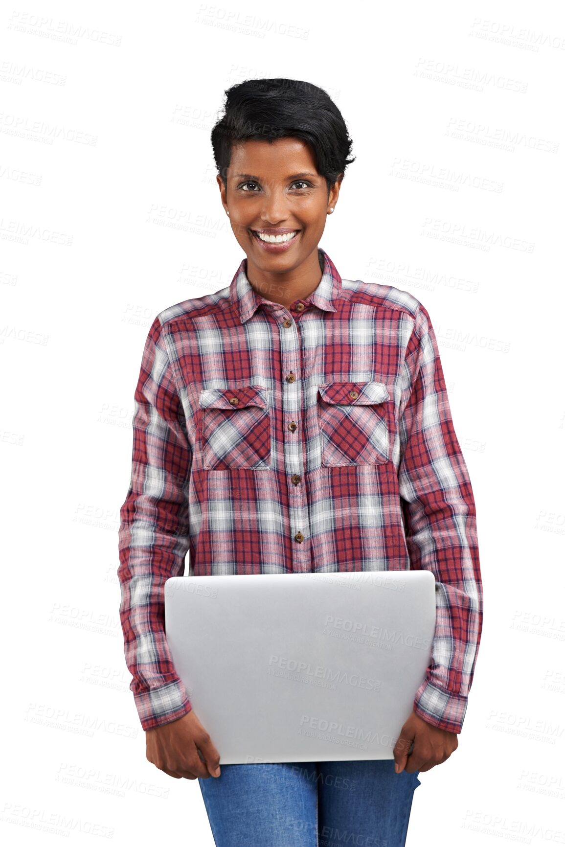 Buy stock photo Laptop, portrait and woman happiness, smile and holding tech for internet, online shopping or media website. Computer, connectivity and Indian person, user or girl on transparent, png background 