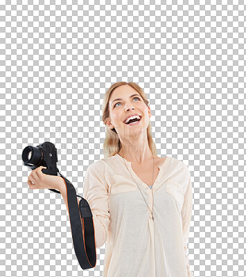 Buy stock photo Happy, photography and woman with a camera, creative and tourism isolated on a transparent background. Person, model and photographer with equipment, funny and humor with png, happiness and picture