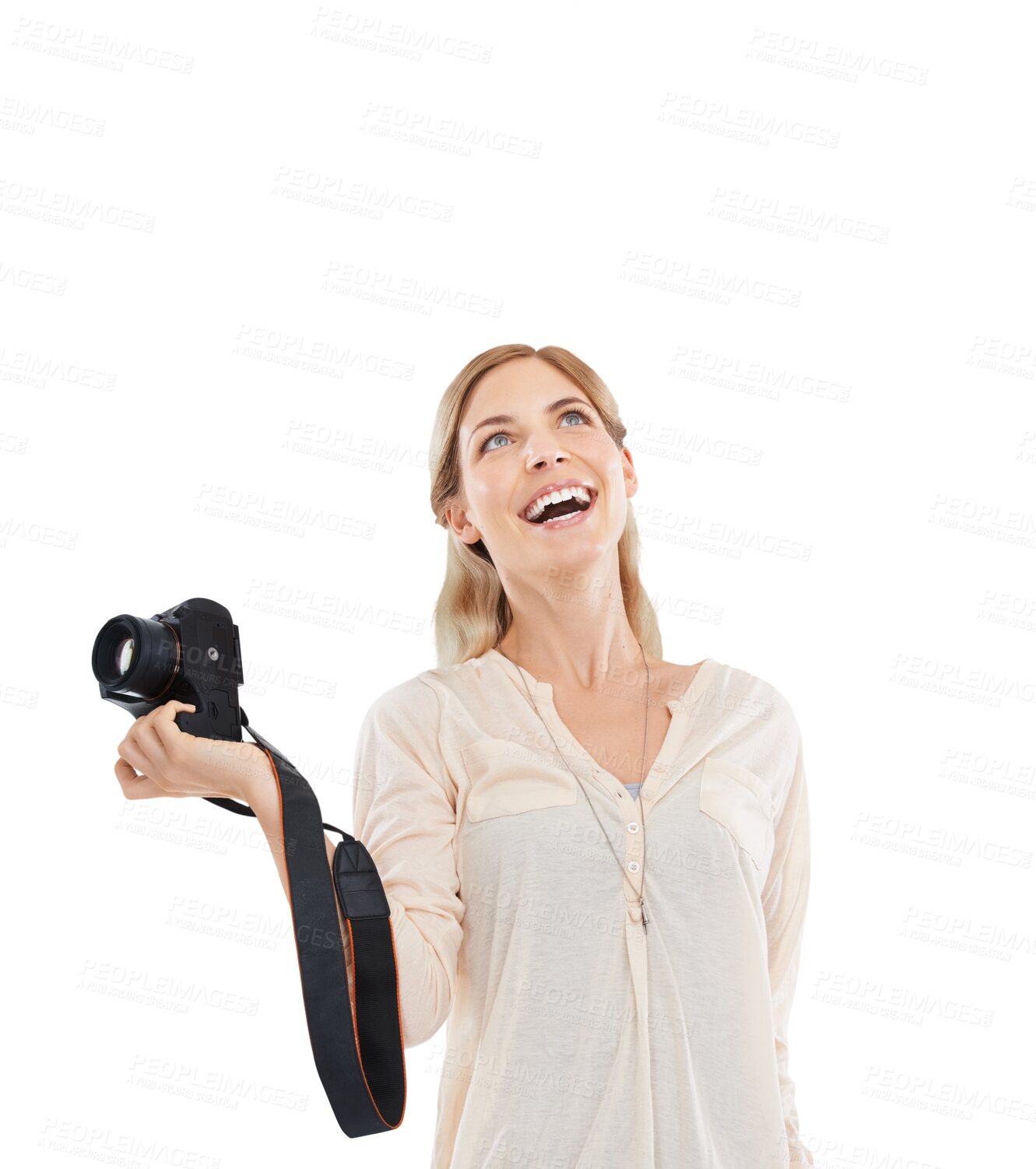 Buy stock photo Happy, photography and woman with a camera, creative and tourism isolated on a transparent background. Person, model and photographer with equipment, funny and humor with png, happiness and picture