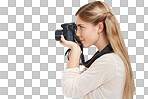 Photography, camera focus and woman shooting creative memory picture, photoshoot session or digital production. Lens, art creativity and freelance photographer profile on transparent, png background