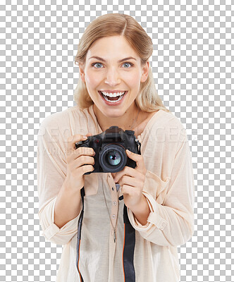 Buy stock photo Isolated photographer woman, camera and happy for shooting, creativity and art by transparent png background. Girl, photography and journalist job for newspaper, magazine and paparazzi photoshoot