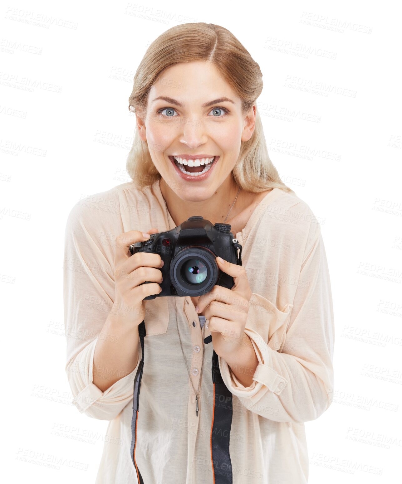 Buy stock photo Isolated photographer woman, camera and happy for shooting, creativity and art by transparent png background. Girl, photography and journalist job for newspaper, magazine and paparazzi photoshoot