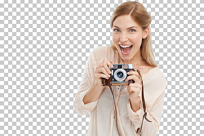 Buy stock photo Isolated photographer girl, retro camera and smile for shooting, portrait or art by transparent png background. Woman, photography and journalist job for newspaper, magazine or paparazzi photoshoot