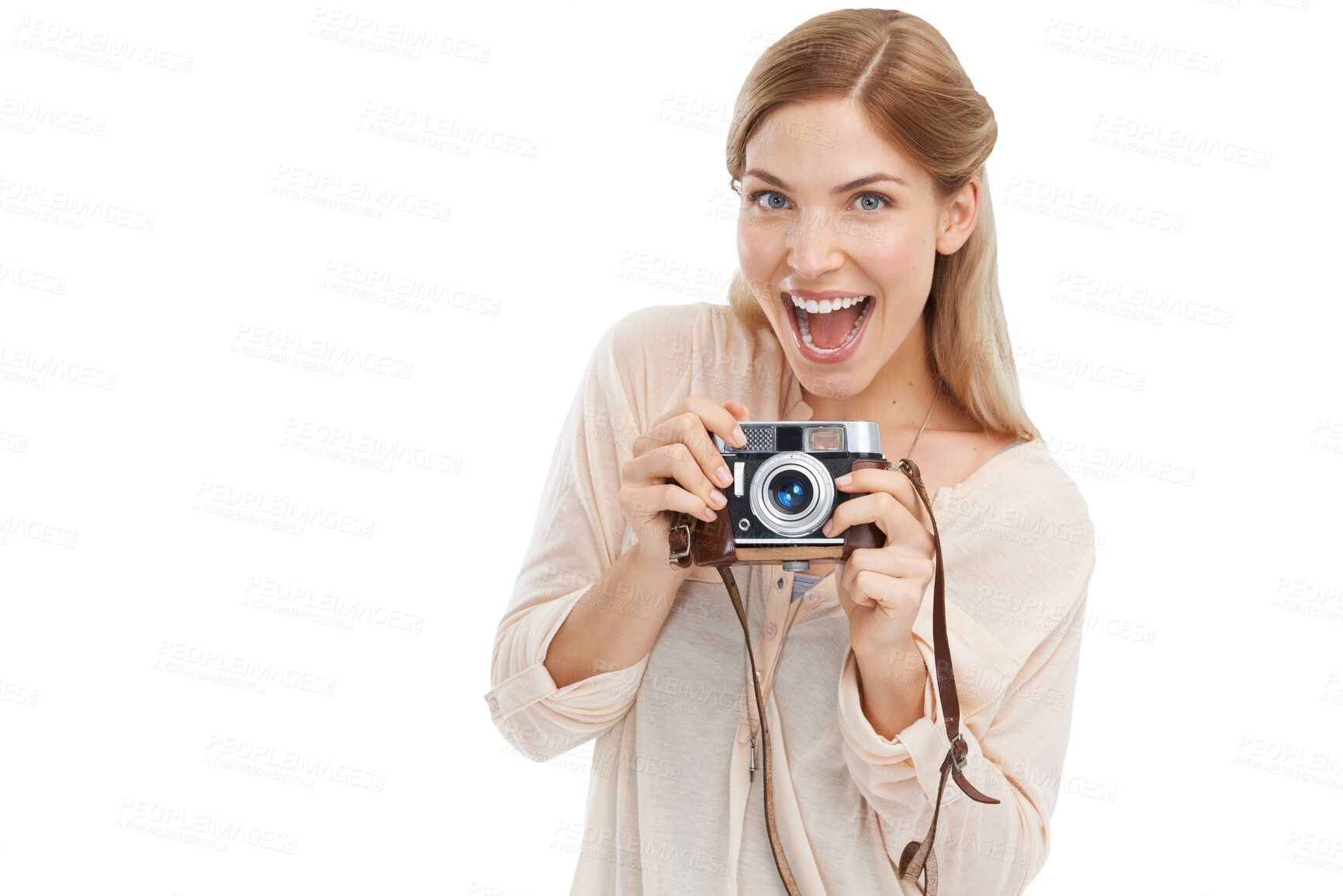 Buy stock photo Isolated photographer girl, retro camera and smile for shooting, portrait or art by transparent png background. Woman, photography and journalist job for newspaper, magazine or paparazzi photoshoot