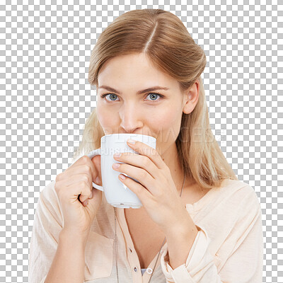 Buy stock photo Isolated woman, portrait and drink from coffee cup, breakfast or start morning by transparent png background. Girl, face and holding mug for tea, latte or hot chocolate for beverage with fashion