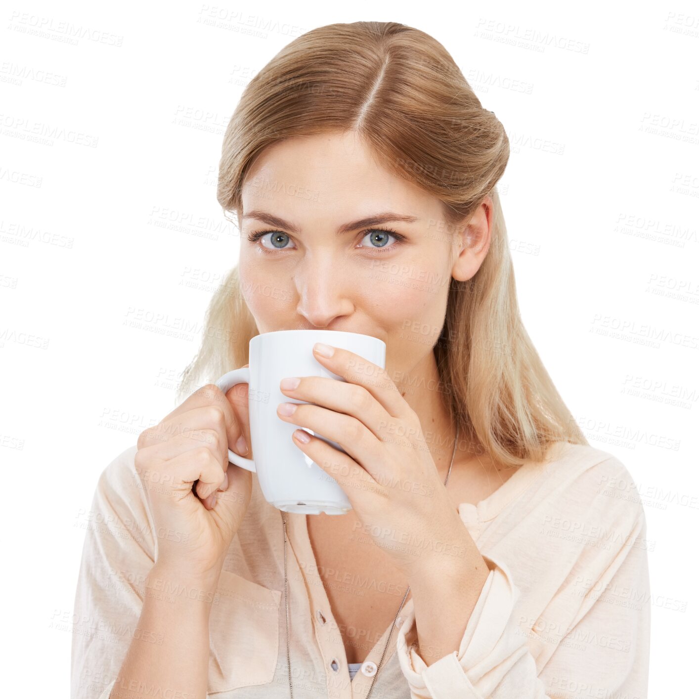 Buy stock photo Isolated woman, portrait and drink from coffee cup, breakfast or start morning by transparent png background. Girl, face and holding mug for tea, latte or hot chocolate for beverage with fashion