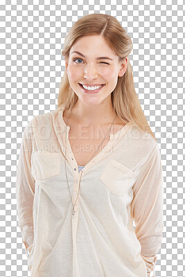 Buy stock photo Isolated woman, wink and smile in portrait with fashion, confidence and flirting by transparent png background. Girl, happy and close eye for sign, gesture and emoji for secret with funny face