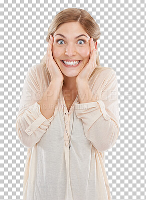 Buy stock photo Portrait, surprise and woman with wow, excited and announcement isolated on a transparent background. Face, happy person and model with facial expression, shocked and omg with png, news and emoji