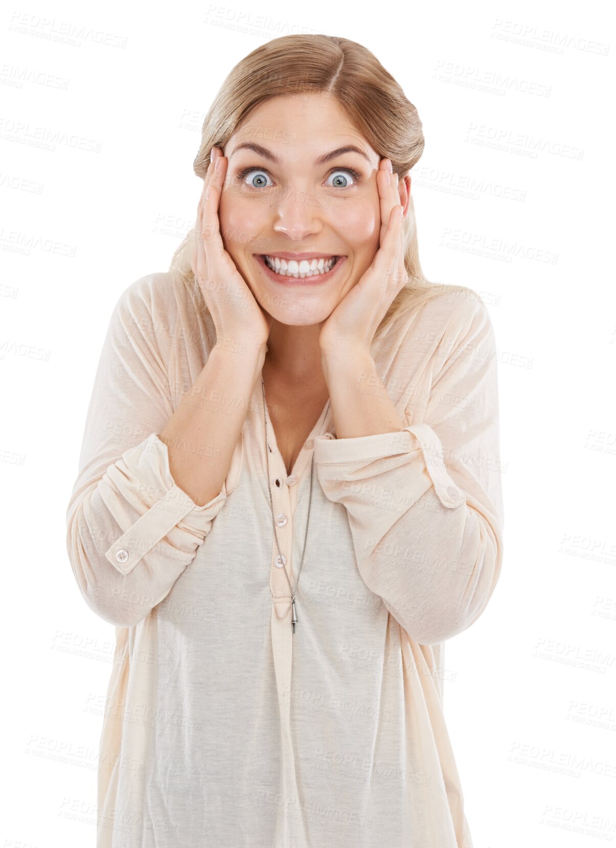 Buy stock photo Portrait, surprise and woman with wow, excited and announcement isolated on a transparent background. Face, happy person and model with facial expression, shocked and omg with png, news and emoji