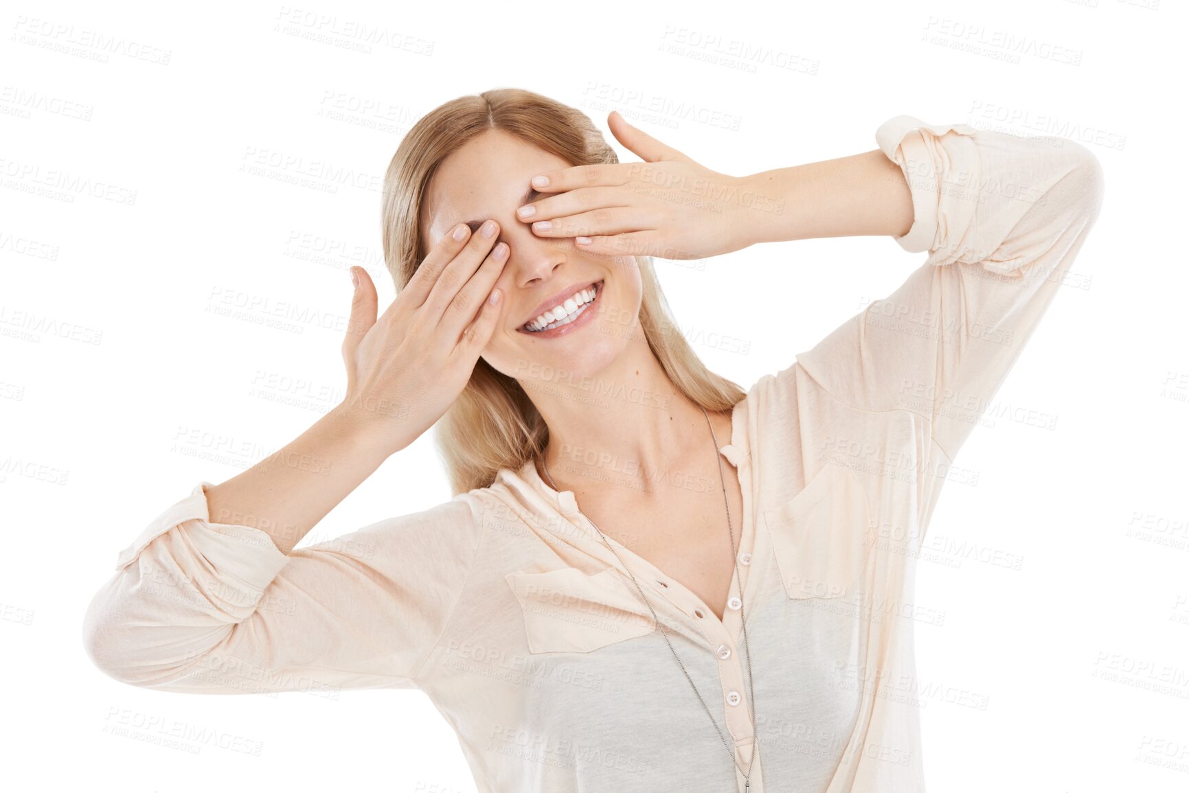 Buy stock photo Cover eyes, smile and woman with surprise, excited and happiness isolated on a transparent background. Person, girl and model with announcement, icon and png with joy, cheerful and emoji with fun