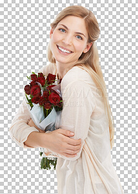 Buy stock photo Isolated woman, portrait and bouquet of roses, smile and hug for present by transparent png background. Girl, flowers and happy for valentines day, birthday or celebration with pride, gift and love