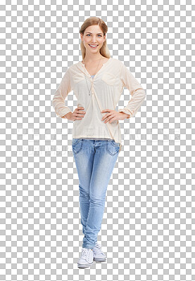 Buy stock photo Portrait, smile and fashion with a confident woman isolated on a transparent background for casual style. Satisfaction, hands on hips and a full length young model on PNG in a trendy clothes outfit