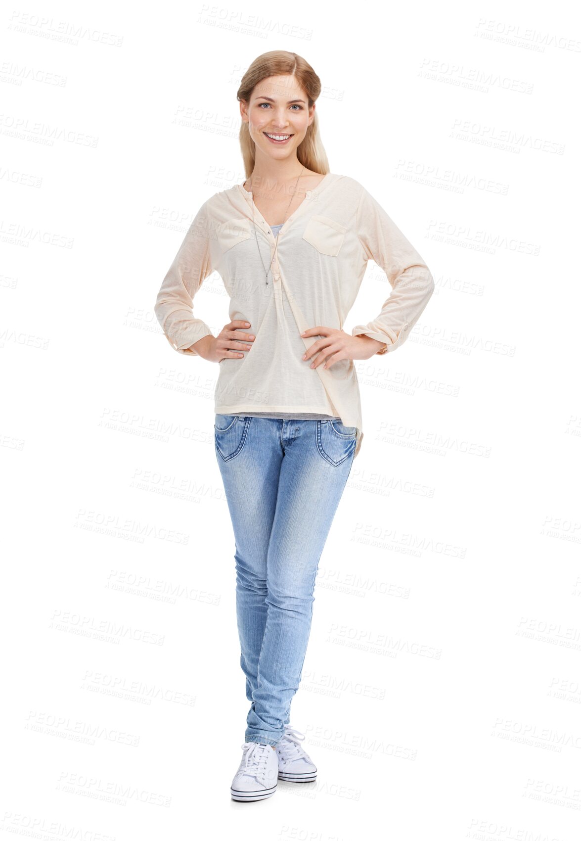 Buy stock photo Portrait, smile and fashion with a confident woman isolated on a transparent background for casual style. Satisfaction, hands on hips and a full length young model on PNG in a trendy clothes outfit