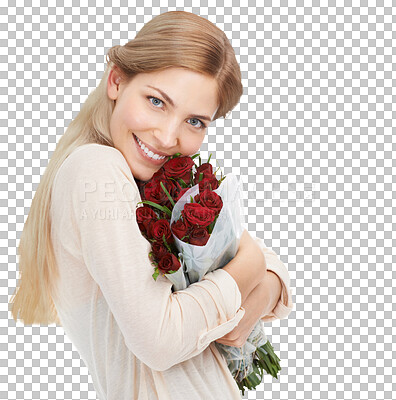 Buy stock photo Isolated girl, portrait and bouquet of roses, smile and hug for present by transparent png background. Woman, flowers and happy for valentines day, birthday or celebration with pride, gift and love