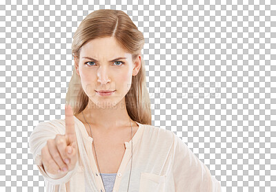 Buy stock photo Woman, portrait and angry with pointing stop, no or rejection for feedback or review isolated on png transparent background. Person, face and hand gesture for disagreement, warning or decision