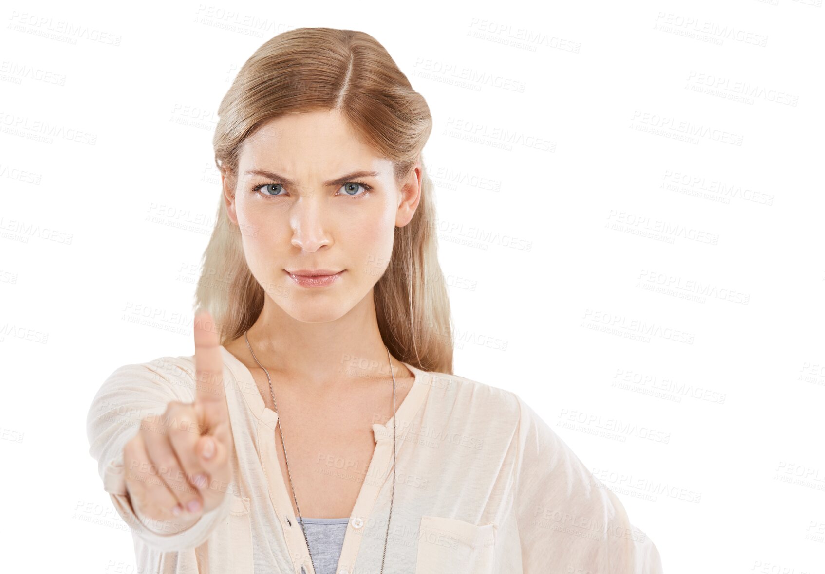 Buy stock photo Woman, portrait and angry with pointing stop, no or rejection for feedback or review isolated on png transparent background. Person, face and hand gesture for disagreement, warning or decision