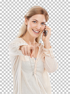 Buy stock photo Woman, phone call and happy in portrait to point at you, choice and isolated by transparent png background. Girl, smartphone and smile for networking, negotiation and deal for recruitment decision